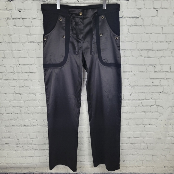 DELIZIA | satin drawstring patch pocket straight leg pants - Picture 2 of 8